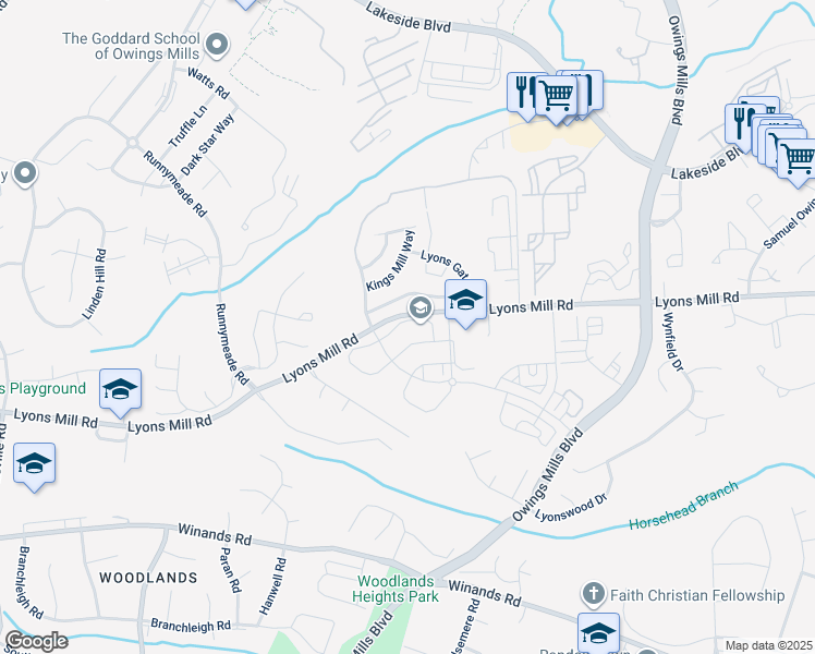 map of restaurants, bars, coffee shops, grocery stores, and more near 9525 Elizabeth Howe Lane in Owings Mills