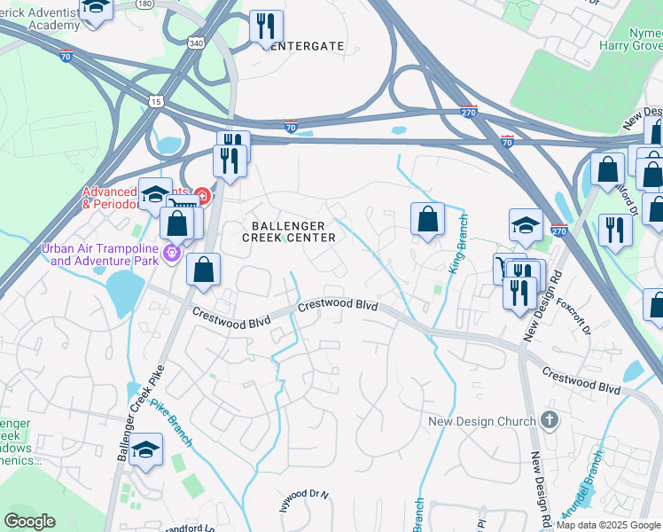 map of restaurants, bars, coffee shops, grocery stores, and more near 690 Tivoli Road in Frederick