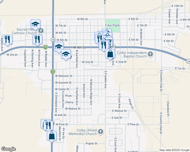 map of restaurants, bars, coffee shops, grocery stores, and more near 248 W Webster St in Colby