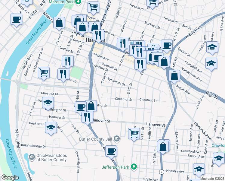 map of restaurants, bars, coffee shops, grocery stores, and more near 516 South 7th Street in Hamilton