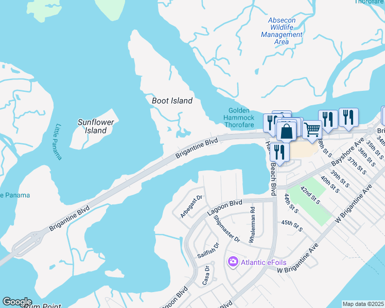 map of restaurants, bars, coffee shops, grocery stores, and more near 4260 Atlantic Brigantine Boulevard in Brigantine