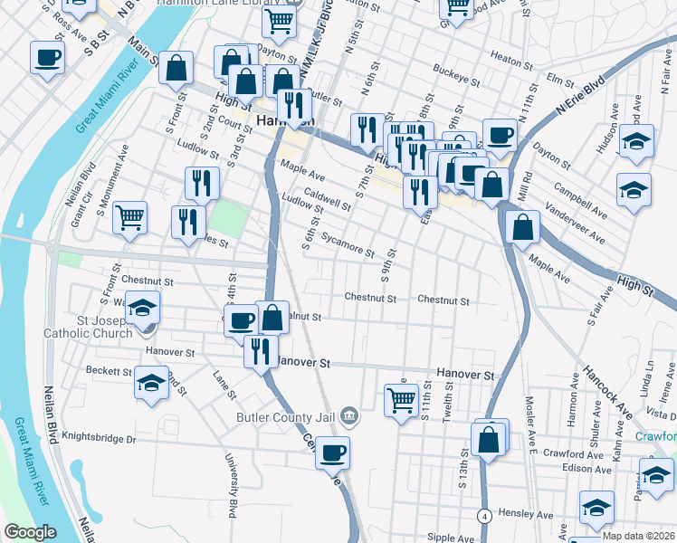 map of restaurants, bars, coffee shops, grocery stores, and more near 514 South 7th Street in Hamilton