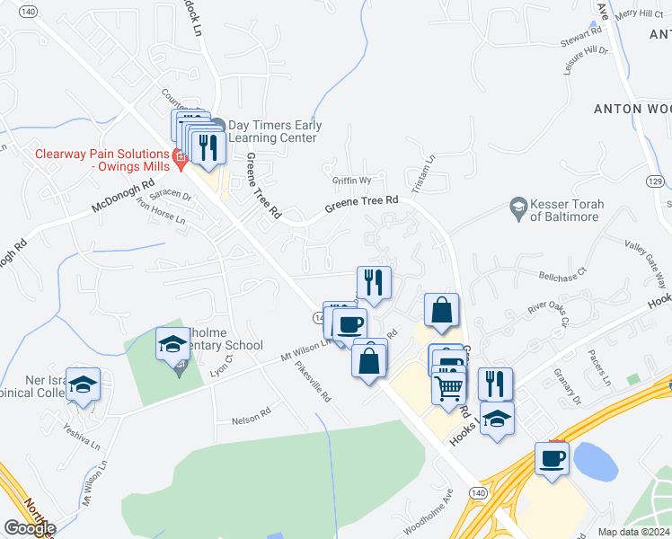 map of restaurants, bars, coffee shops, grocery stores, and more near 41 Austringer Court in Pikesville