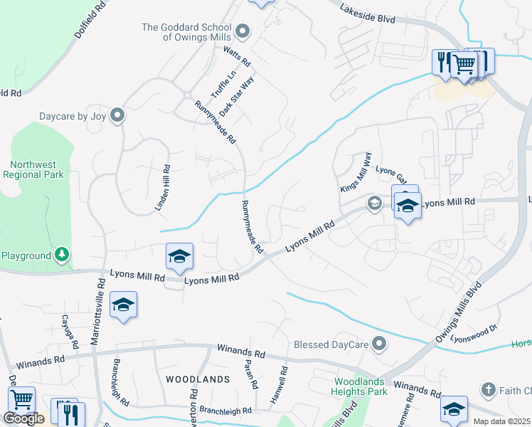 map of restaurants, bars, coffee shops, grocery stores, and more near 4460 Kentford Road in Owings Mills