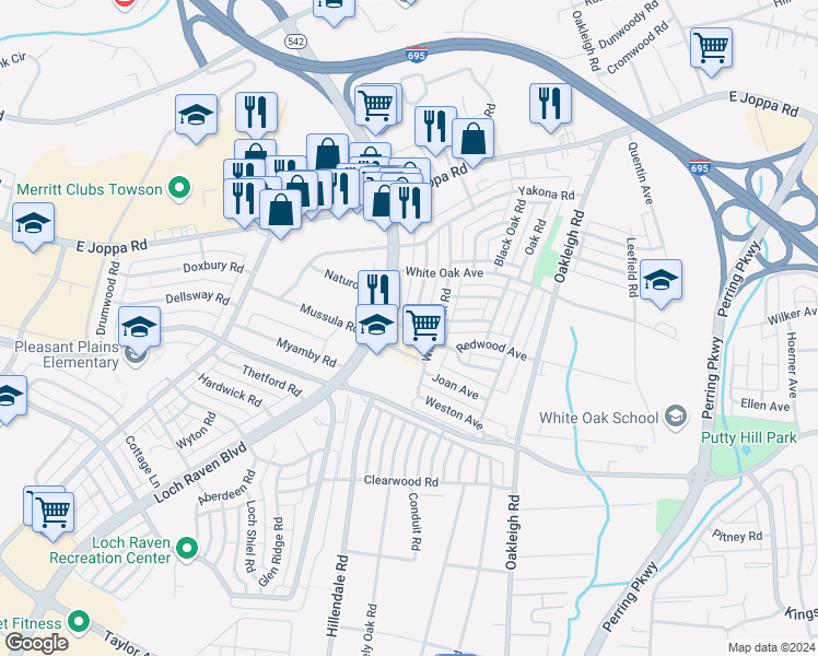 map of restaurants, bars, coffee shops, grocery stores, and more near 8502 Chestnut Oak Road in Parkville