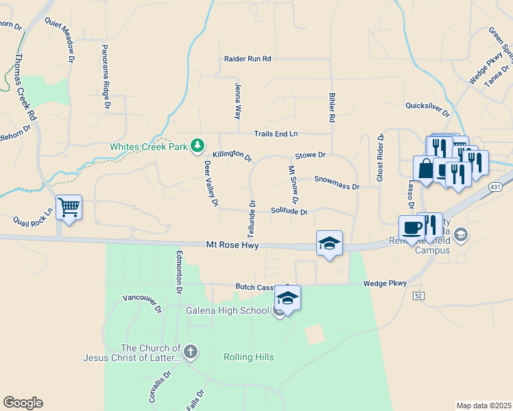 map of restaurants, bars, coffee shops, grocery stores, and more near 2390 Solitude Drive in Reno