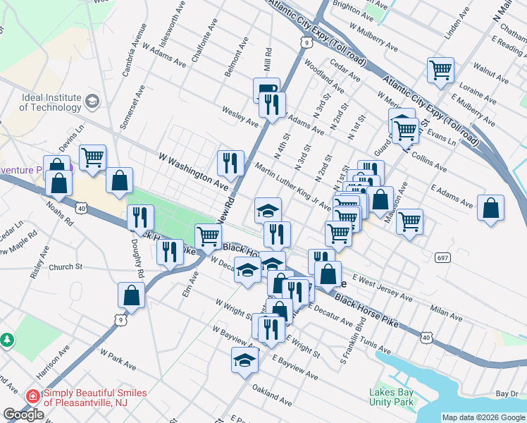map of restaurants, bars, coffee shops, grocery stores, and more near 9 South 3rd Street in Pleasantville