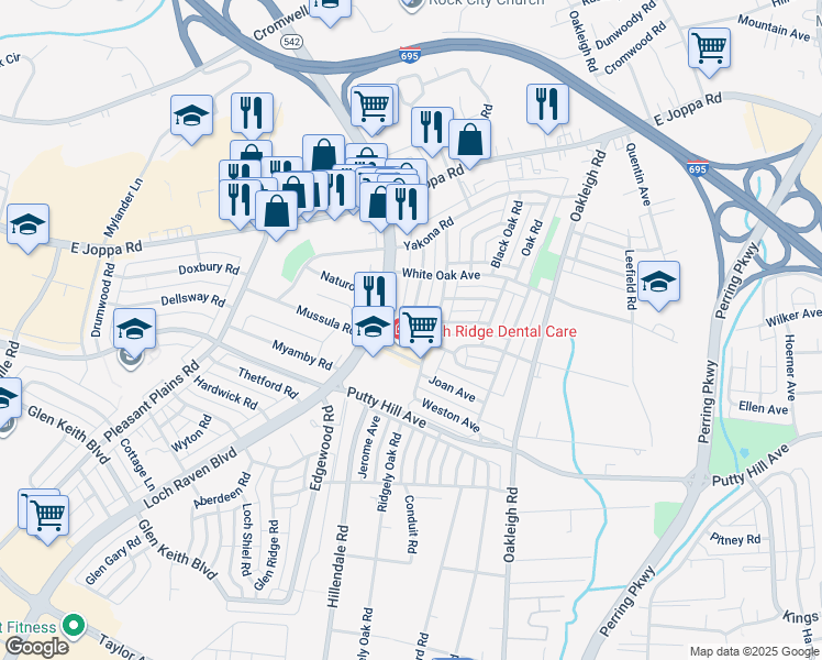 map of restaurants, bars, coffee shops, grocery stores, and more near 8507 Chestnut Oak Road in Parkville