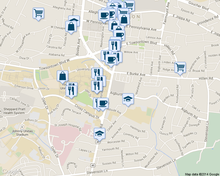 map of restaurants, bars, coffee shops, grocery stores, and more near 8000 York Road in Towson