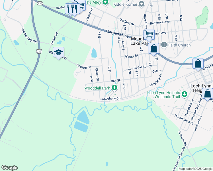 map of restaurants, bars, coffee shops, grocery stores, and more near 27 B Street in Mountain Lake Park