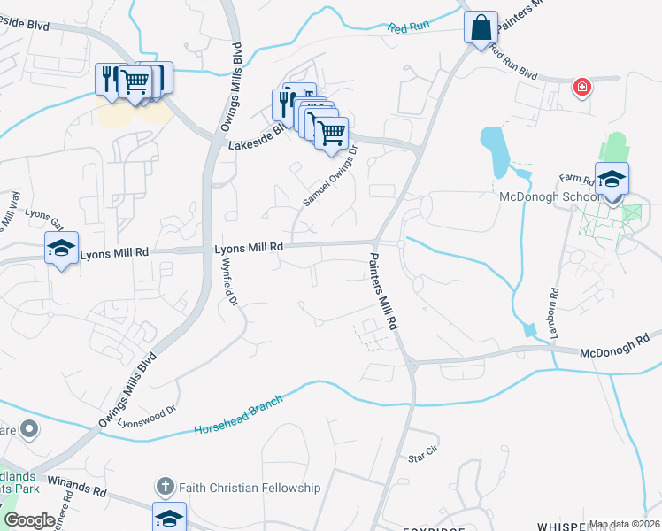map of restaurants, bars, coffee shops, grocery stores, and more near 9202 Owings Park Drive in Owings Mills