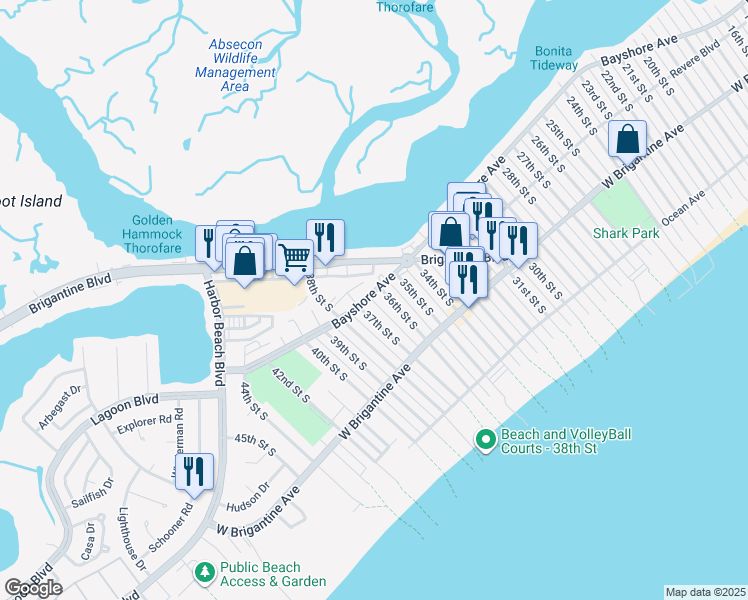 map of restaurants, bars, coffee shops, grocery stores, and more near 213 37th Street South in Brigantine