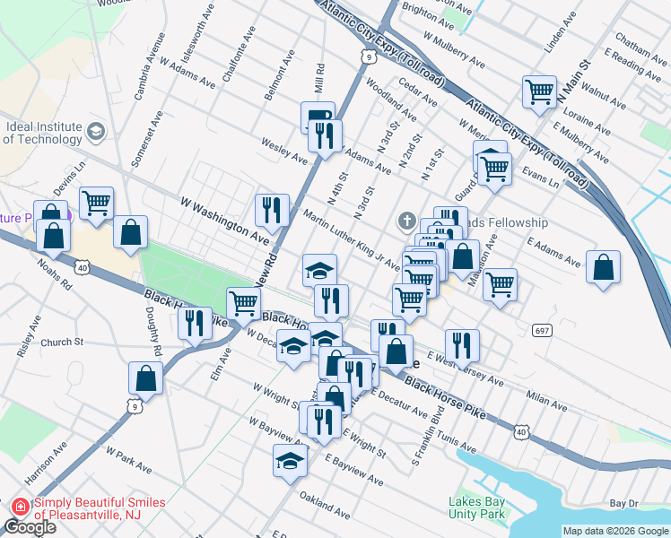 map of restaurants, bars, coffee shops, grocery stores, and more near 225 West Washington Avenue in Pleasantville