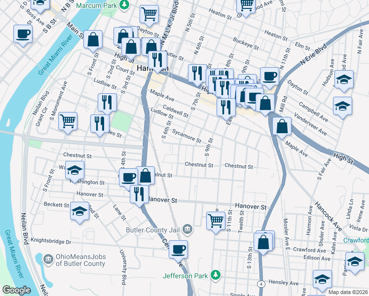 map of restaurants, bars, coffee shops, grocery stores, and more near 523 South 7th Street in Hamilton