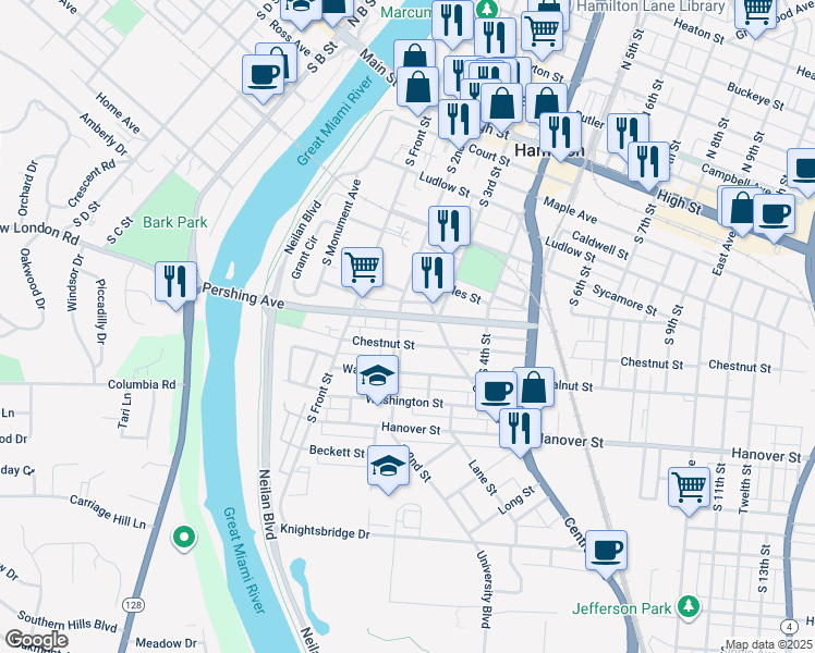 map of restaurants, bars, coffee shops, grocery stores, and more near 222 Chestnut Street in Hamilton