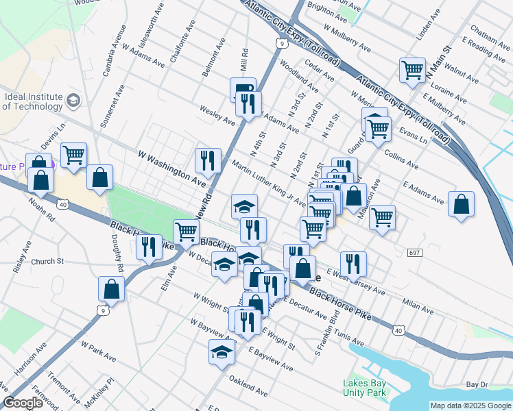 map of restaurants, bars, coffee shops, grocery stores, and more near 225 West Washington Avenue in Pleasantville