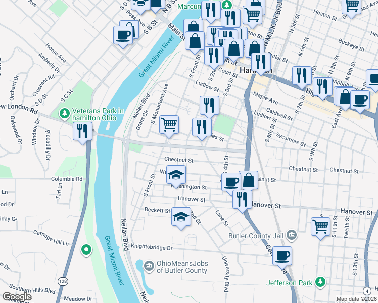 map of restaurants, bars, coffee shops, grocery stores, and more near 222 Chestnut Street in Hamilton