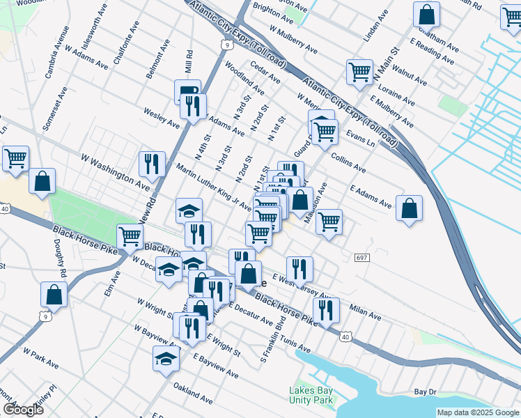 map of restaurants, bars, coffee shops, grocery stores, and more near 28 Martin Luther King Junior Avenue in Pleasantville