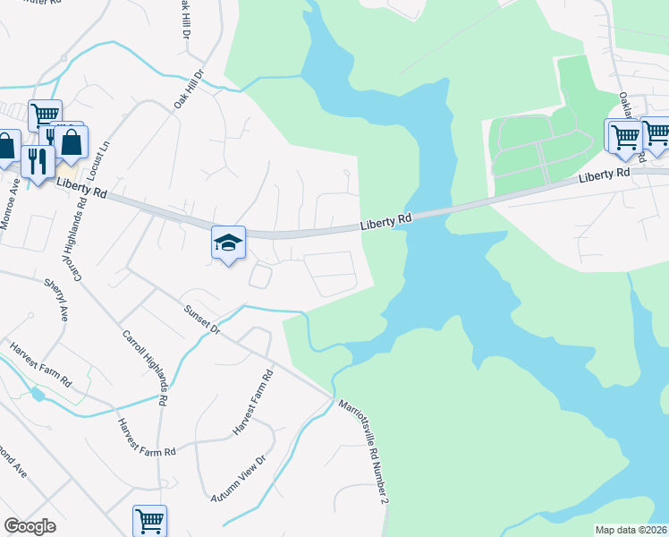 map of restaurants, bars, coffee shops, grocery stores, and more near 2421 Liberty Road in Sykesville