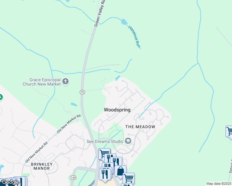 map of restaurants, bars, coffee shops, grocery stores, and more near 5788 Moss Rock Way in New Market