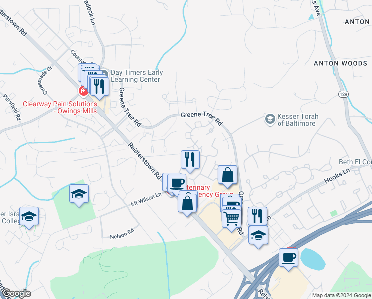 map of restaurants, bars, coffee shops, grocery stores, and more near 27 Mary Carroll Court in Pikesville