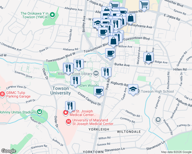 map of restaurants, bars, coffee shops, grocery stores, and more near 8000 York Road in Towson