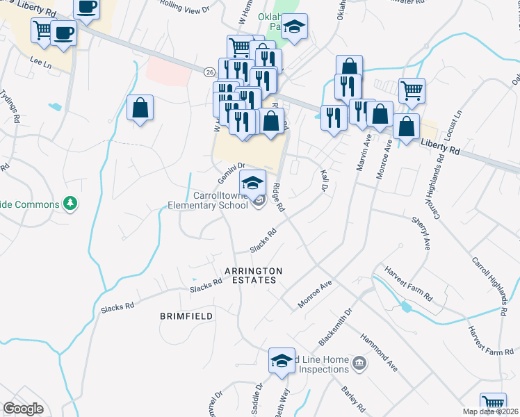 map of restaurants, bars, coffee shops, grocery stores, and more near 6542 Ridge Road in Sykesville