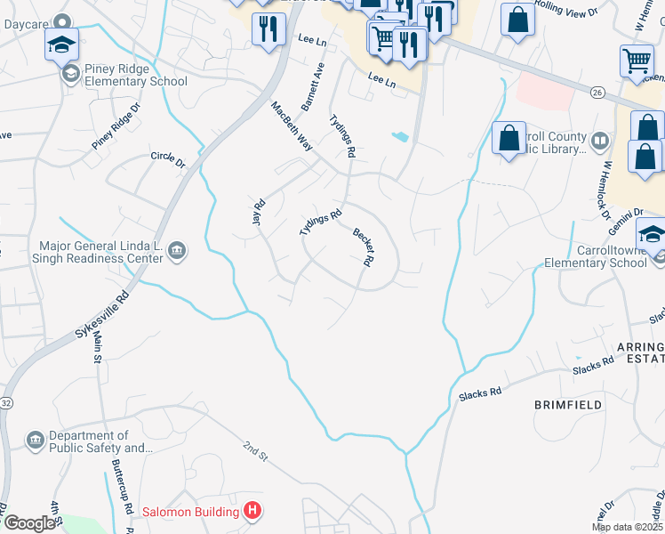 map of restaurants, bars, coffee shops, grocery stores, and more near 6574 Tydings Road in Eldersburg