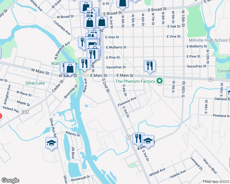 map of restaurants, bars, coffee shops, grocery stores, and more near 143-145 North 2nd Street in Millville