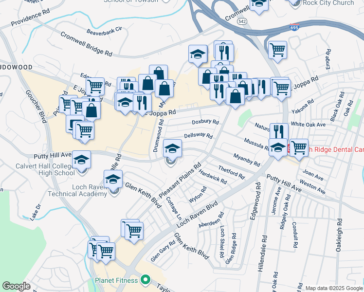 map of restaurants, bars, coffee shops, grocery stores, and more near 1536 Putty Hill Avenue in Towson