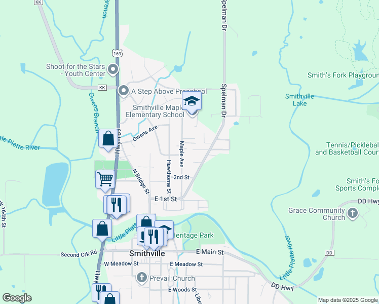 map of restaurants, bars, coffee shops, grocery stores, and more near 413 Maple Avenue in Smithville