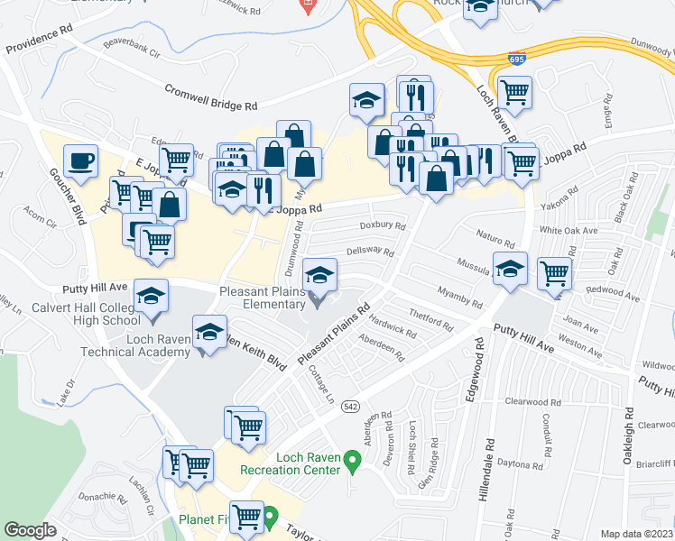 map of restaurants, bars, coffee shops, grocery stores, and more near 1536 Putty Hill Avenue in Towson