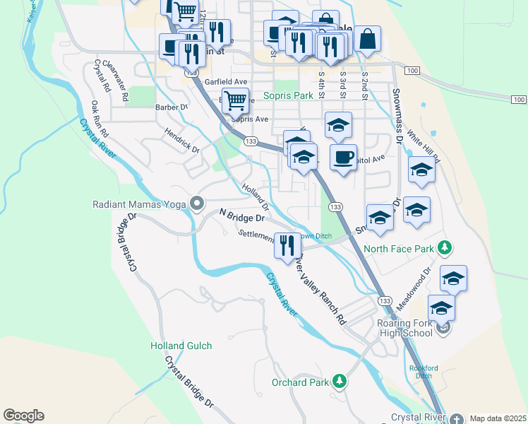 map of restaurants, bars, coffee shops, grocery stores, and more near 640 North Bridge Drive in Carbondale