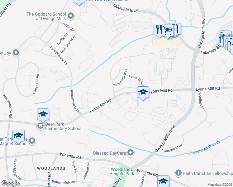 map of restaurants, bars, coffee shops, grocery stores, and more near 9533 Georgian Way in Owings Mills
