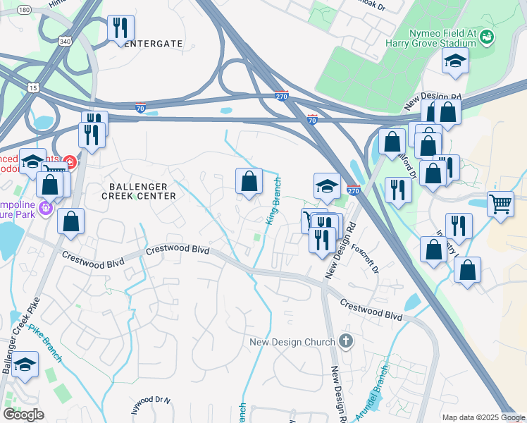 map of restaurants, bars, coffee shops, grocery stores, and more near 6918 Turnberry Court in Frederick