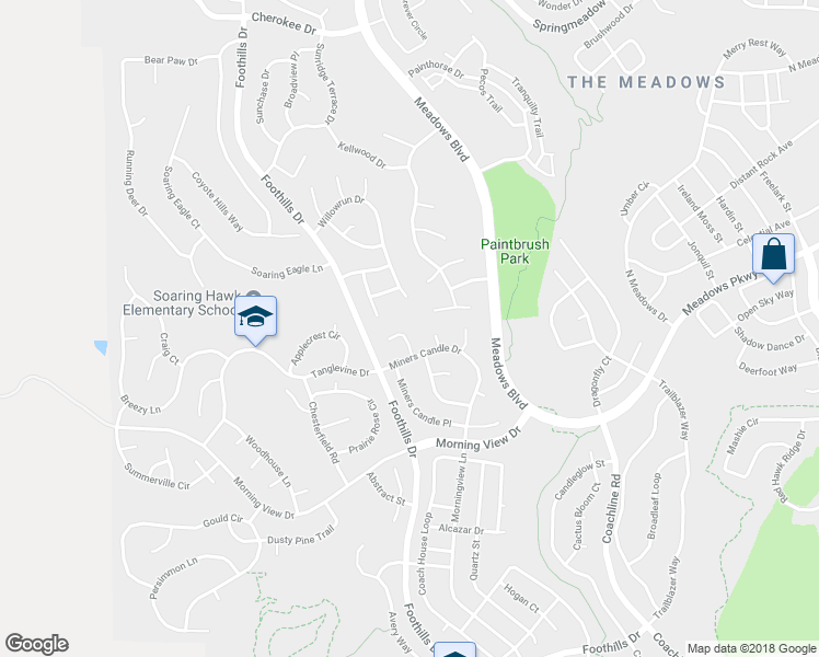 map of restaurants, bars, coffee shops, grocery stores, and more near 2916 Penstemon Way in Castle Rock