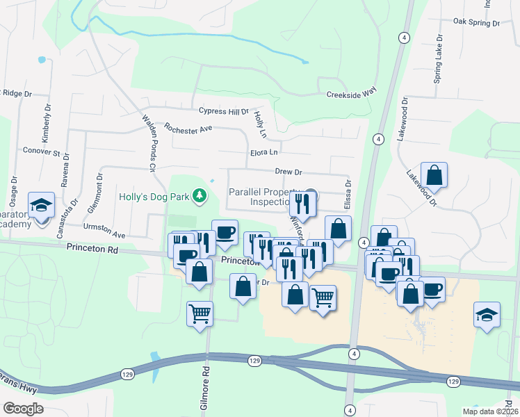 map of restaurants, bars, coffee shops, grocery stores, and more near 6581 Fayetta Drive in Hamilton