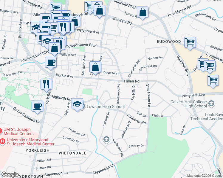 map of restaurants, bars, coffee shops, grocery stores, and more near 7914 Knollwood Road in Towson