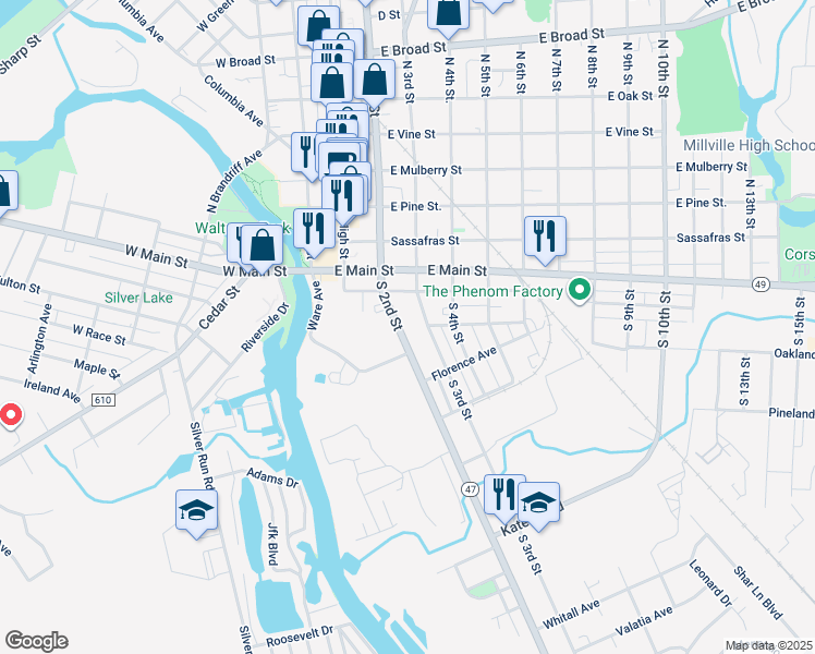 map of restaurants, bars, coffee shops, grocery stores, and more near 143 South 2nd Street in Millville