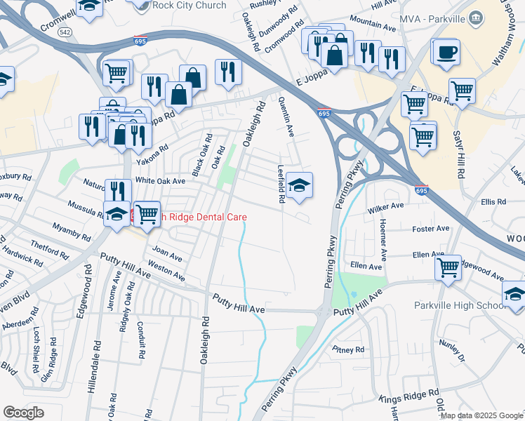 map of restaurants, bars, coffee shops, grocery stores, and more near 1831 White Oak Avenue in Parkville