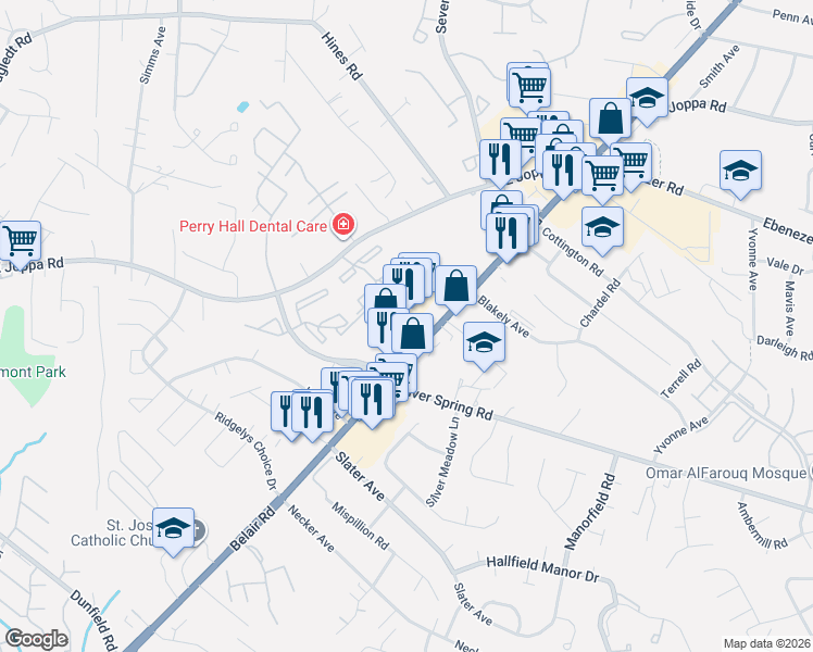 map of restaurants, bars, coffee shops, grocery stores, and more near 8742 Belair Road in Nottingham