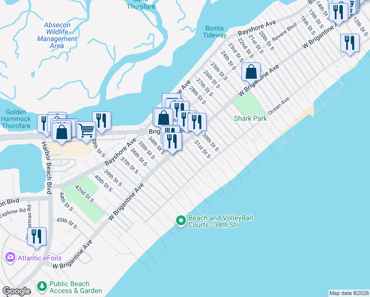 map of restaurants, bars, coffee shops, grocery stores, and more near 312 33rd Street South in Brigantine