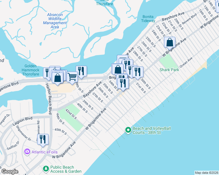 map of restaurants, bars, coffee shops, grocery stores, and more near 239 36th Street South in Brigantine