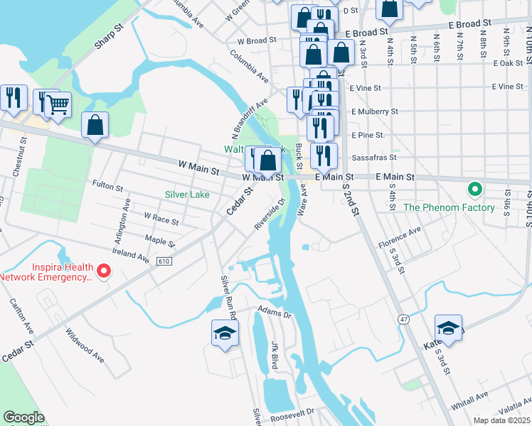map of restaurants, bars, coffee shops, grocery stores, and more near 200 Riverside Drive in Millville