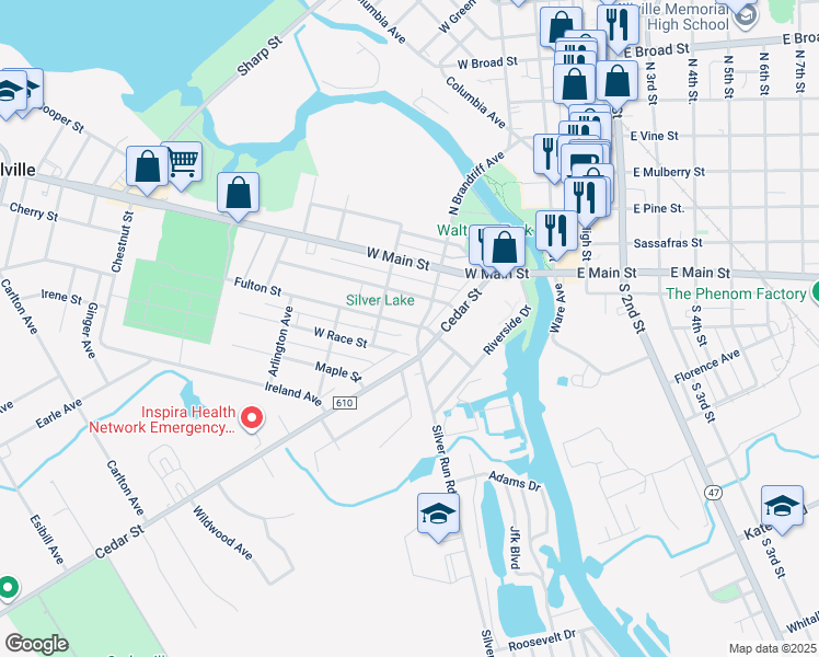 map of restaurants, bars, coffee shops, grocery stores, and more near 210 Cedar Street in Millville