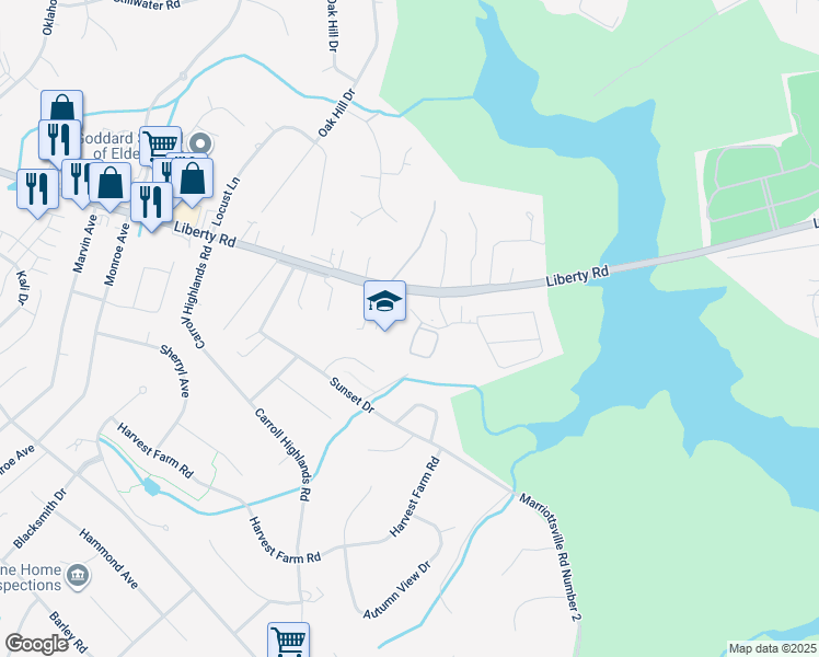 map of restaurants, bars, coffee shops, grocery stores, and more near 6500 Ridenour Way East in Eldersburg