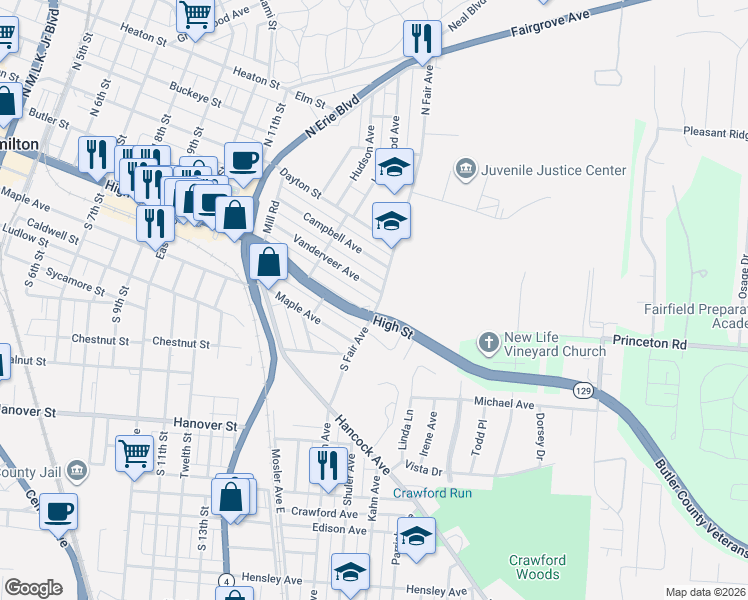 map of restaurants, bars, coffee shops, grocery stores, and more near in Hamilton
