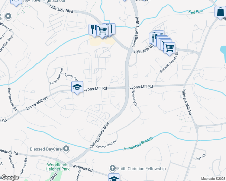 map of restaurants, bars, coffee shops, grocery stores, and more near 9371 Seney Lane in Owings Mills