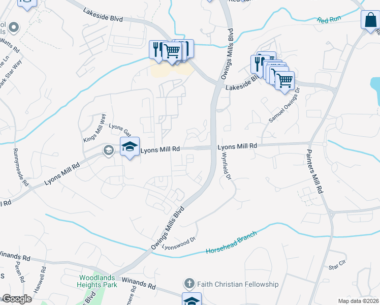 map of restaurants, bars, coffee shops, grocery stores, and more near 9371 Seney Lane in Owings Mills