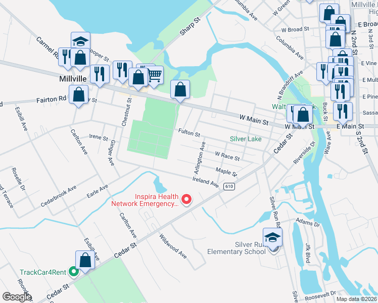 map of restaurants, bars, coffee shops, grocery stores, and more near 502 Maple Street in Millville